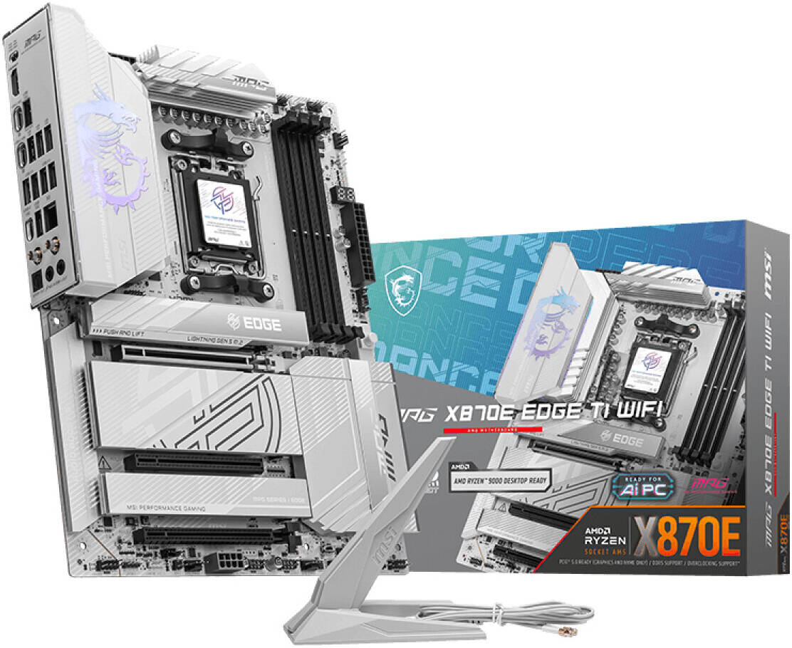 MSI MPG X870E EDGE TI WIFI Motherboard – ATX, AMD X870E Chipset, Supports Ryzen 9000/7000 Series, DDR5, PCIe 5.0, Wi-Fi 7, 2.5G LAN, USB 4.0, Frozr AI Cooling, Mystic Light RGB, Titanium Silver Design – High-Performance Gaming Motherboard