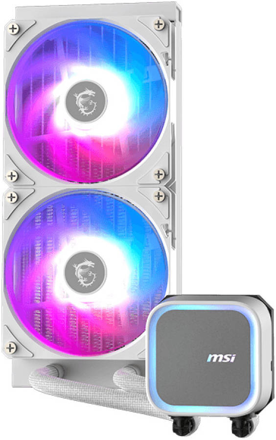 MSI MAG CORELIQUID A13 240 WHITE – 240mm ARGB Liquid CPU Cooler, Dual 120mm Fans, Integrated Pump Design, LGA 1700/AM5 Compatible, Silent Operation, High-Performance Cooling, Mystic Light Sync, Elegant White Finish
