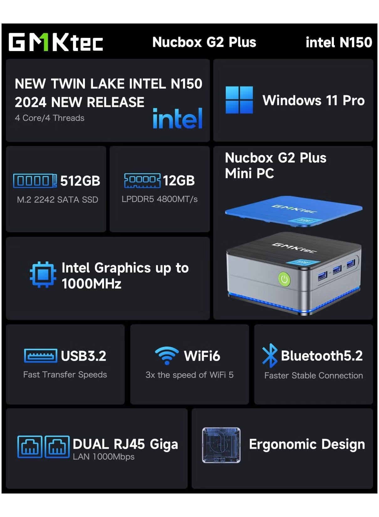 GMKtec NucBox G2 Plus Desktop Ultracompact Mini PC, Intel Twin Lake N150(4C/4T) up to 3.6GHz, 12GB LPDDR5 RAM, 512GB SSD, WiFi 6, BT5.2, Windows 11 Pro, Black, Blue | NucBox G2 Plus