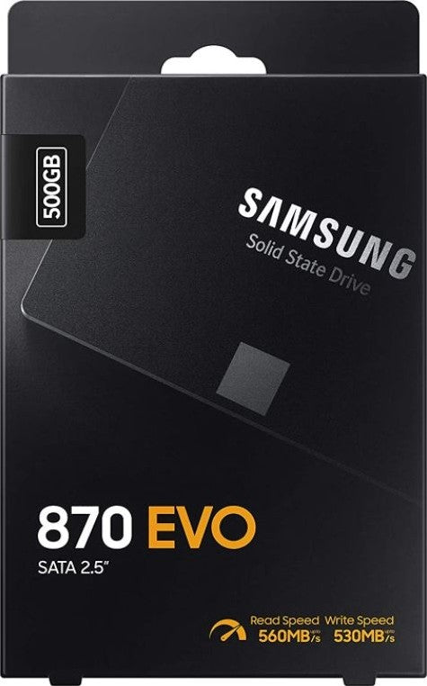 Samsung 870 EVO 500GB 2.5" SATA III Internal Solid State Drive – Up to 560MB/s Read, 530MB/s Write, V-NAND Technology, Reliable Performance, 5-Year Warranty – Ideal SSD Upgrade for Laptops & Desktops