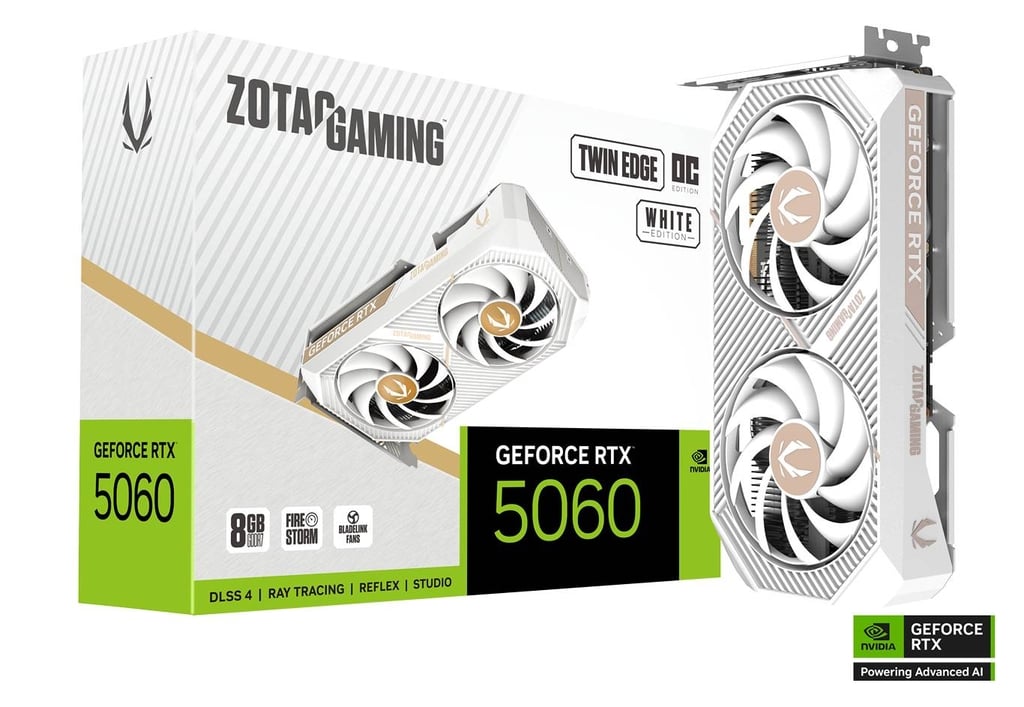 ZOTAC GAMING GeForce RTX 5060 Twin Edge OC White Edition – 8GB GDDR7, NVIDIA Blackwell Architecture, DLSS 4, Ray Tracing, IceStorm 2.0 Cooling, Compact Dual Fan, HDMI/DisplayPort, 4K Gaming Graphics Card