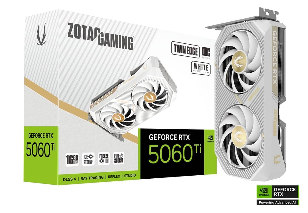 ZOTAC GAMING GeForce RTX 5060 Ti 16GB Twin Edge White Edition – NVIDIA Blackwell Architecture, DLSS 4, Ray Tracing, IceStorm 3.0 Dual Fan Cooling, PCIe 5.0, HDMI/DisplayPort, 4K Ready Compact White Gaming Graphics Card