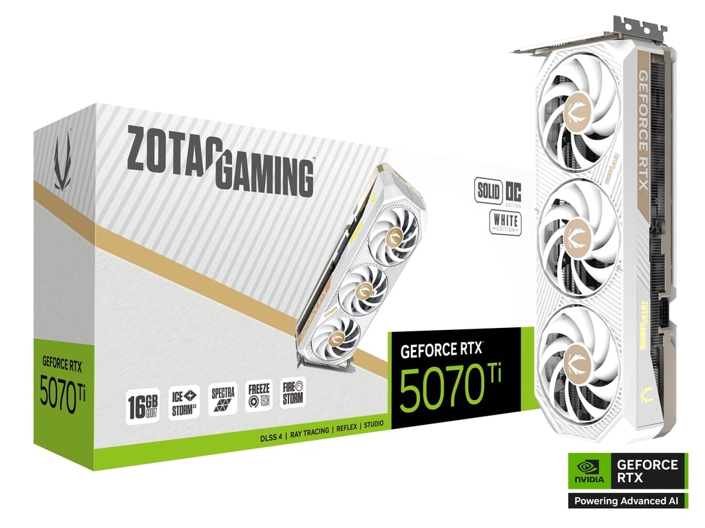 ZOTAC GAMING GeForce RTX 5070 Ti SOLID CORE OC White Edition – 16GB GDDR7, Blackwell Architecture, DLSS 4, Ray Tracing, IceStorm 3.0 Cooling, Triple Fan, Premium White Design, HDMI/DisplayPort, PCIe 5.0, 4K & 8K Gaming GPU