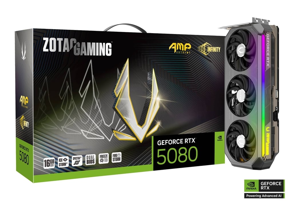 ZOTAC GAMING GeForce RTX 5080 AMP Extreme INFINITY – 16GB GDDR7, Blackwell Architecture, DLSS 4, Ray Tracing, IceStorm 3.0 Cooling, Infinity Mirror RGB, HDMI/DisplayPort, PCIe 5.0, 4K & 8K Gaming GPU