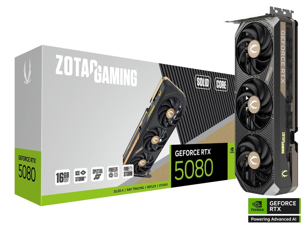 ZOTAC GAMING GeForce RTX 5080 SOLID CORE – 16GB GDDR7, Blackwell Architecture, DLSS 4, Ray Tracing, IceStorm 3.0 Cooling, Triple Fan, Reinforced Build, HDMI/DisplayPort, PCIe 5.0, 4K & 8K Gaming GPU