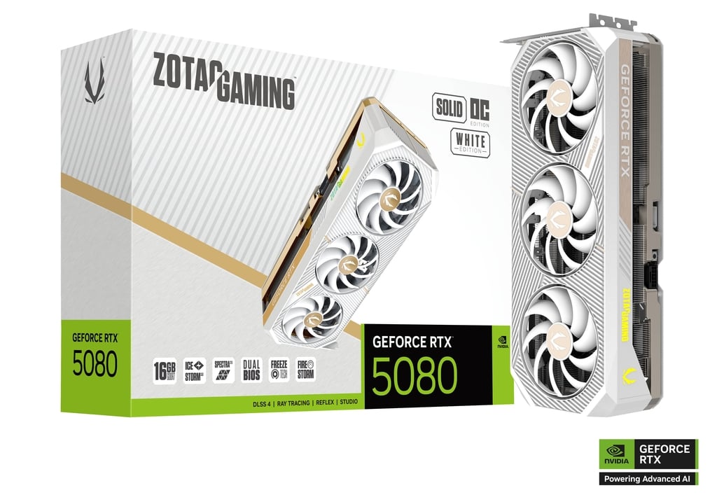 ZOTAC GAMING GeForce RTX 5080 SOLID OC White Edition – 16GB GDDR7, Blackwell Architecture, DLSS 4, Ray Tracing, IceStorm 3.0 Cooling, Triple Fan, White Design, HDMI/DisplayPort, PCIe 5.0, 4K & 8K Gaming GPU